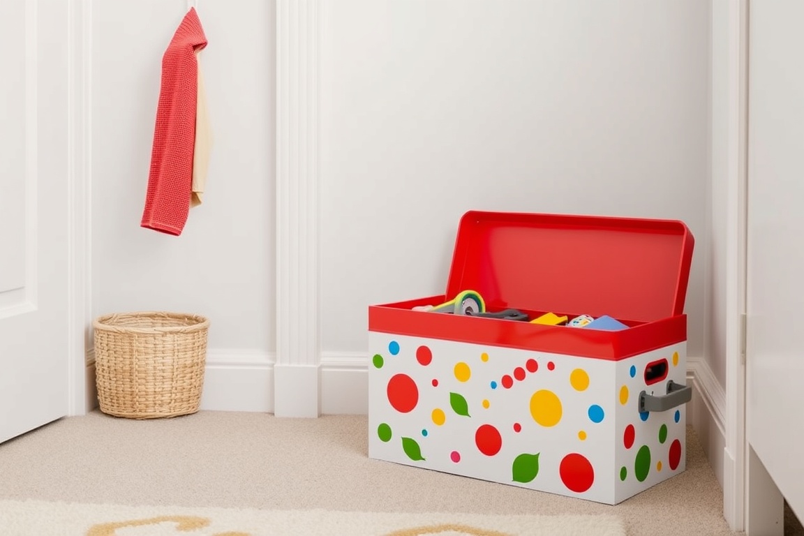W rogu schludnego pokoju stoi kolorowa skrzynia na zabawki